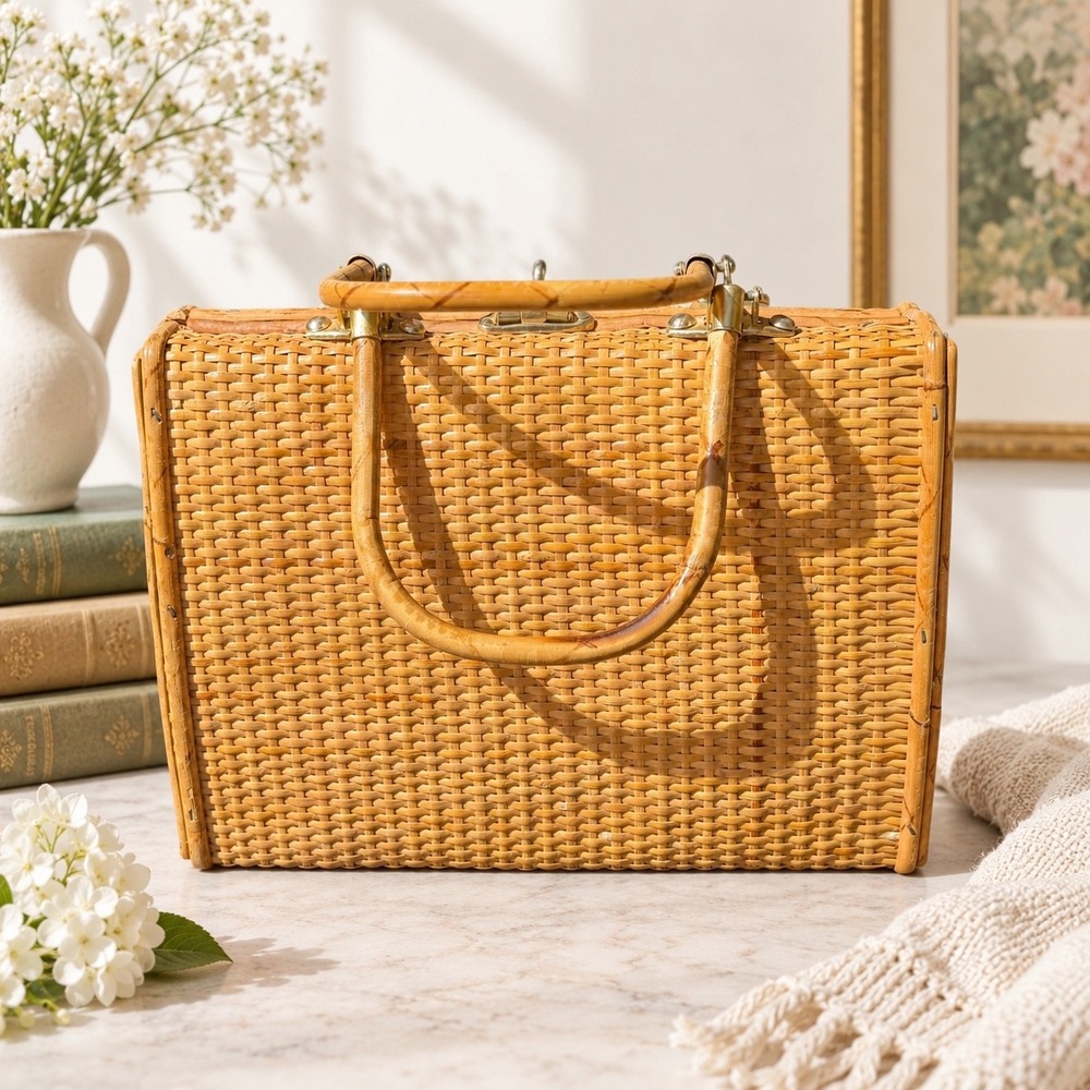 Vintage Wicker Top Handle Bag Woven Rattan Satchel Purse Honey Brown Cottagecore
